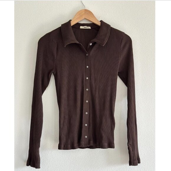 Madewell Snap Front Cardigan Top in Dark Carob, Size Small - Picture 2 of 11